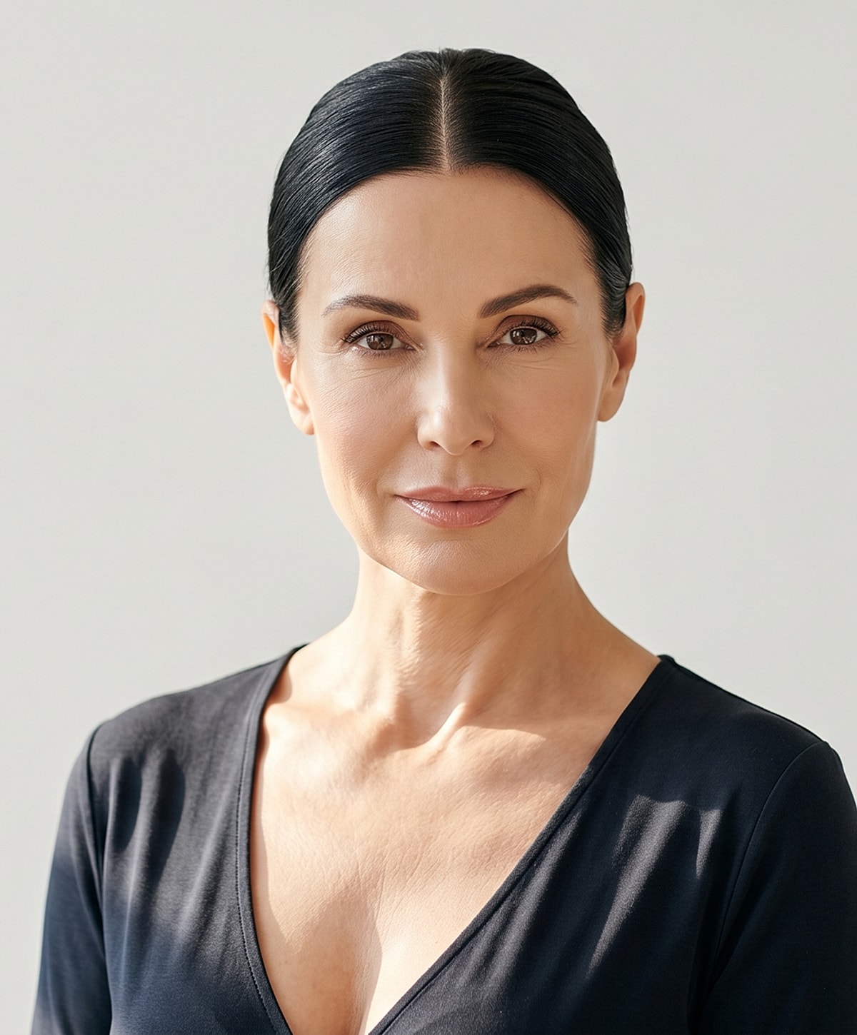 Confident woman with sleek black hair, natural beauty.
