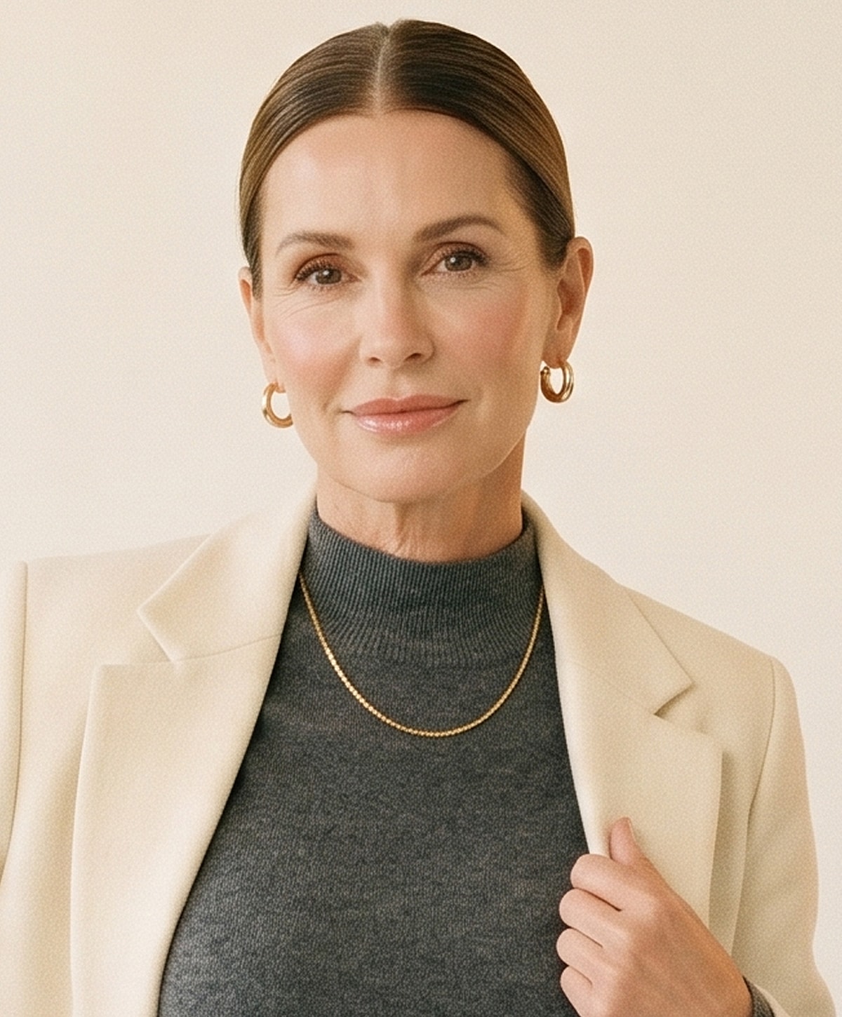 Woman in stylish outfit with gold jewelry.